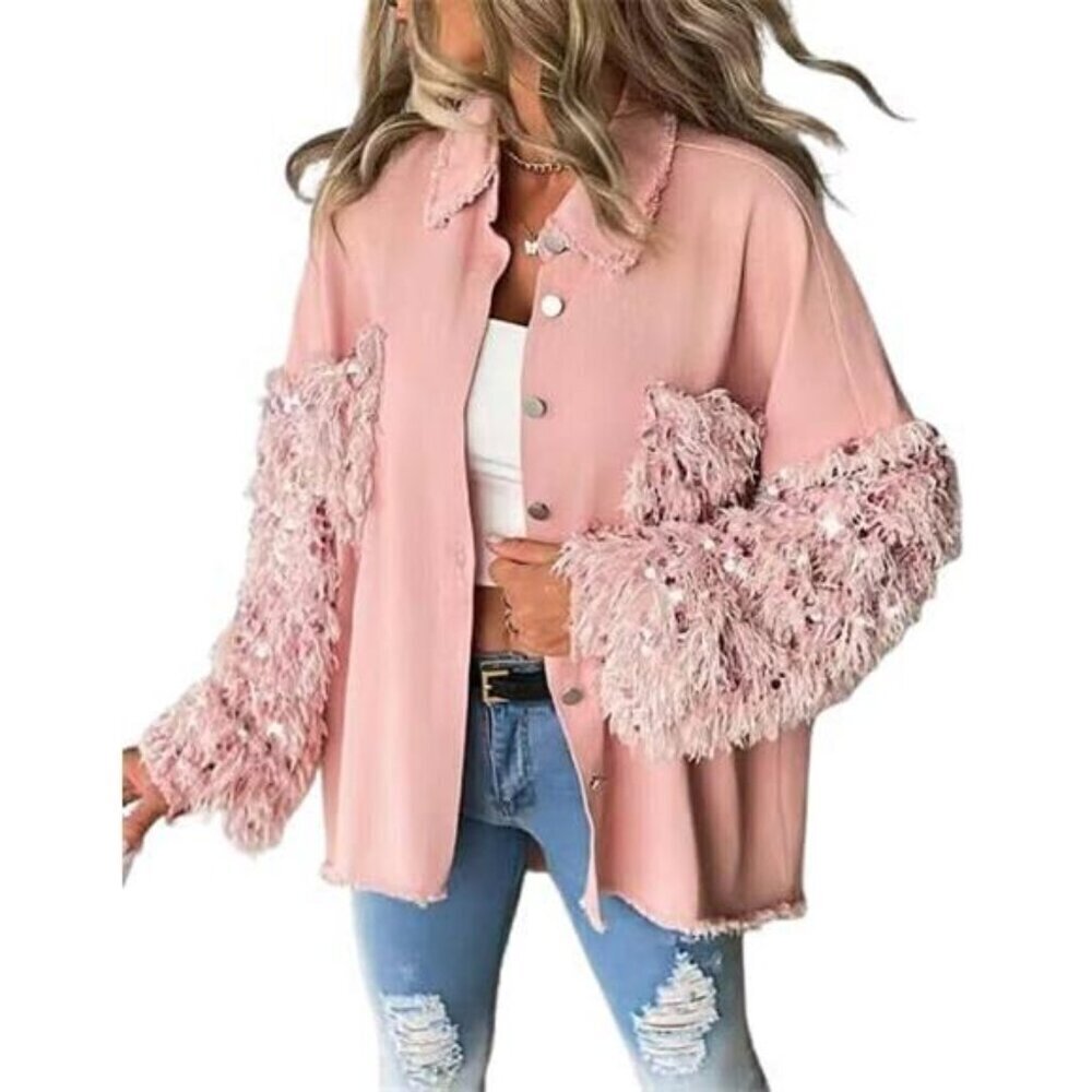 CHICME BEST SHOPPING DEALS Womens Jacket Sequin Patchwork Long Sleeve Jacket
